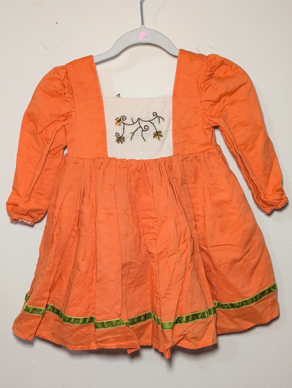 Lottie Mae Handmade Embroidered Dress Orange Green Cotton Linen Fall Size 12M